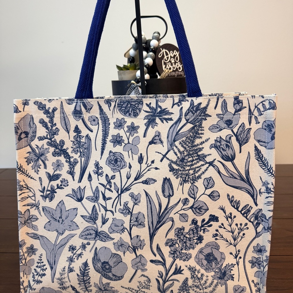 Floral Canvas Tote Bag with Blue Handles